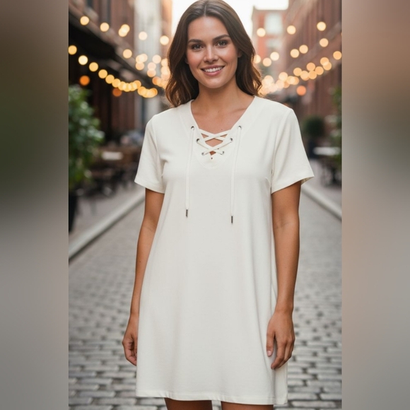 Ideology - NWOT, White Shift Dress, Short Sleeves, Laced Up Front, - Picture 1 of 13